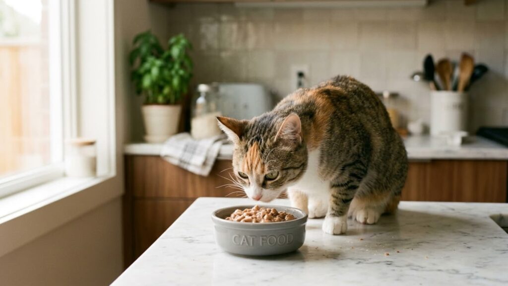 A picky domestic cat sniffing a bowl of wet cat food in a modern kitchen