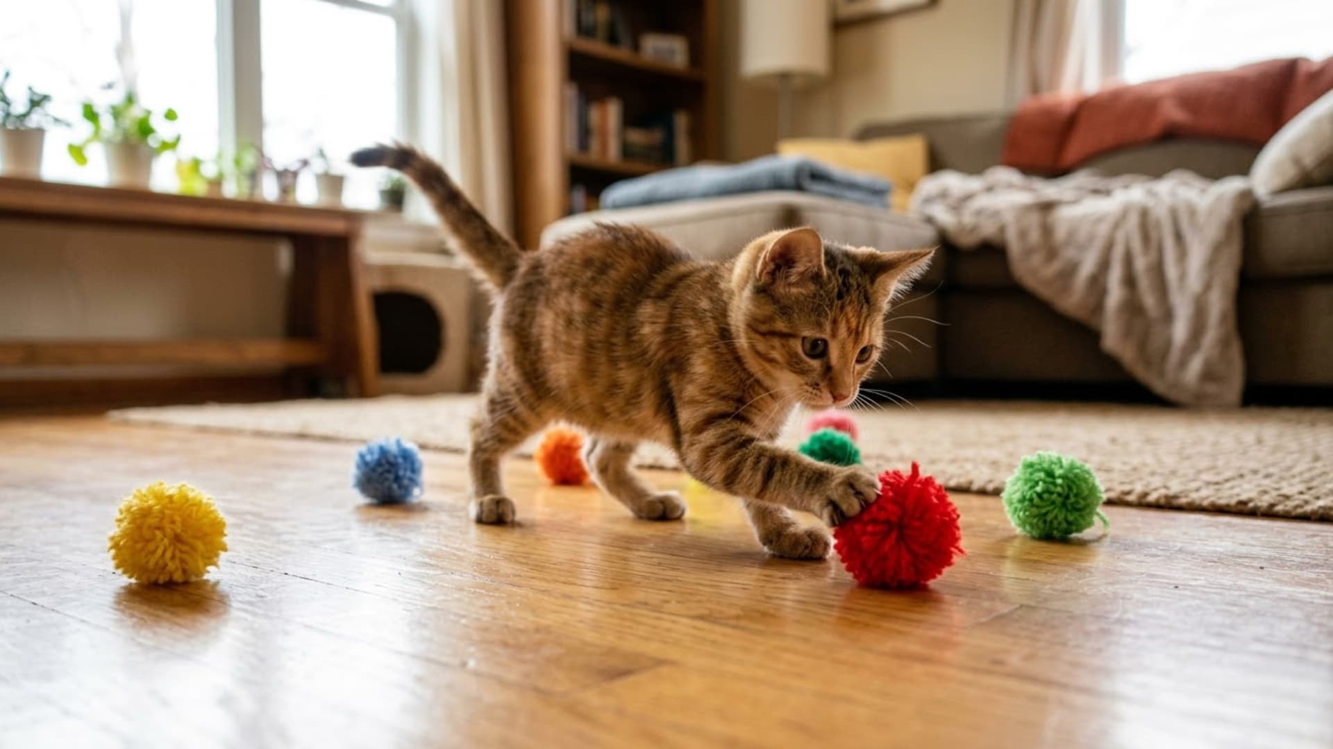 A playful indoor cat batting colorful yarn pom-pom balls across a smooth floor, soft fluffy texture visible, cozy home setting, natural lighting