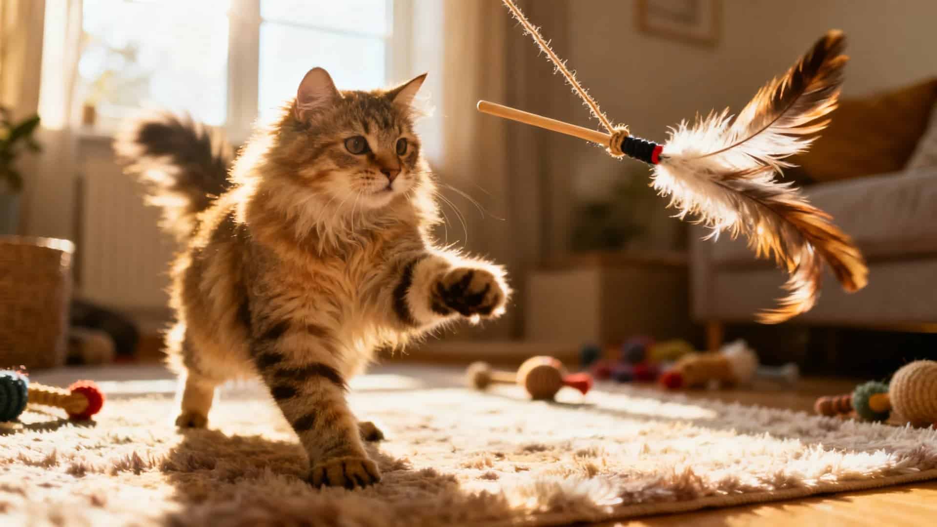 A playful indoor cat chasing a DIY feather wand toy, feathers attached to a string tied to a wooden stick, motion captured as the toy swings like a flying bird