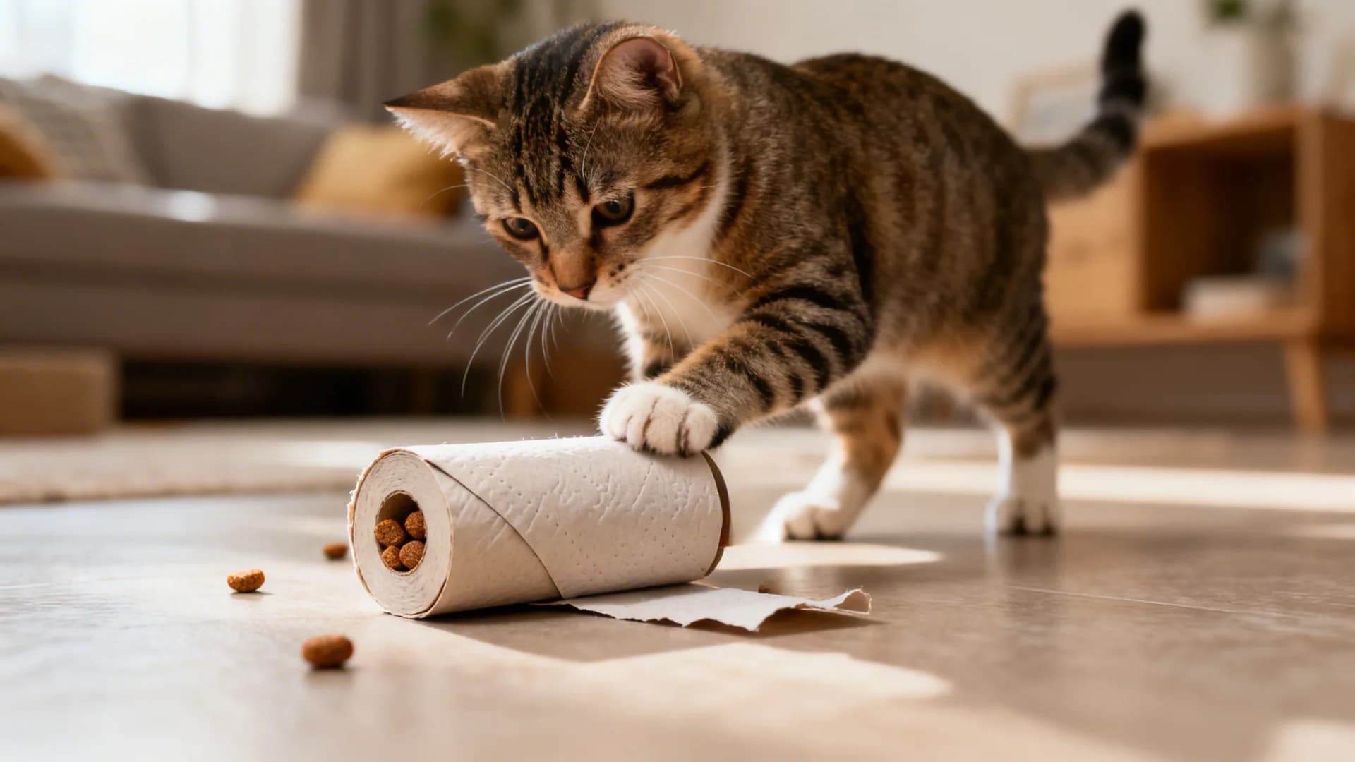 A playful indoor cat interacting with a DIY toilet paper roll treat puzzle, the roll folded at both ends with small treats inside, placed on a clean floor