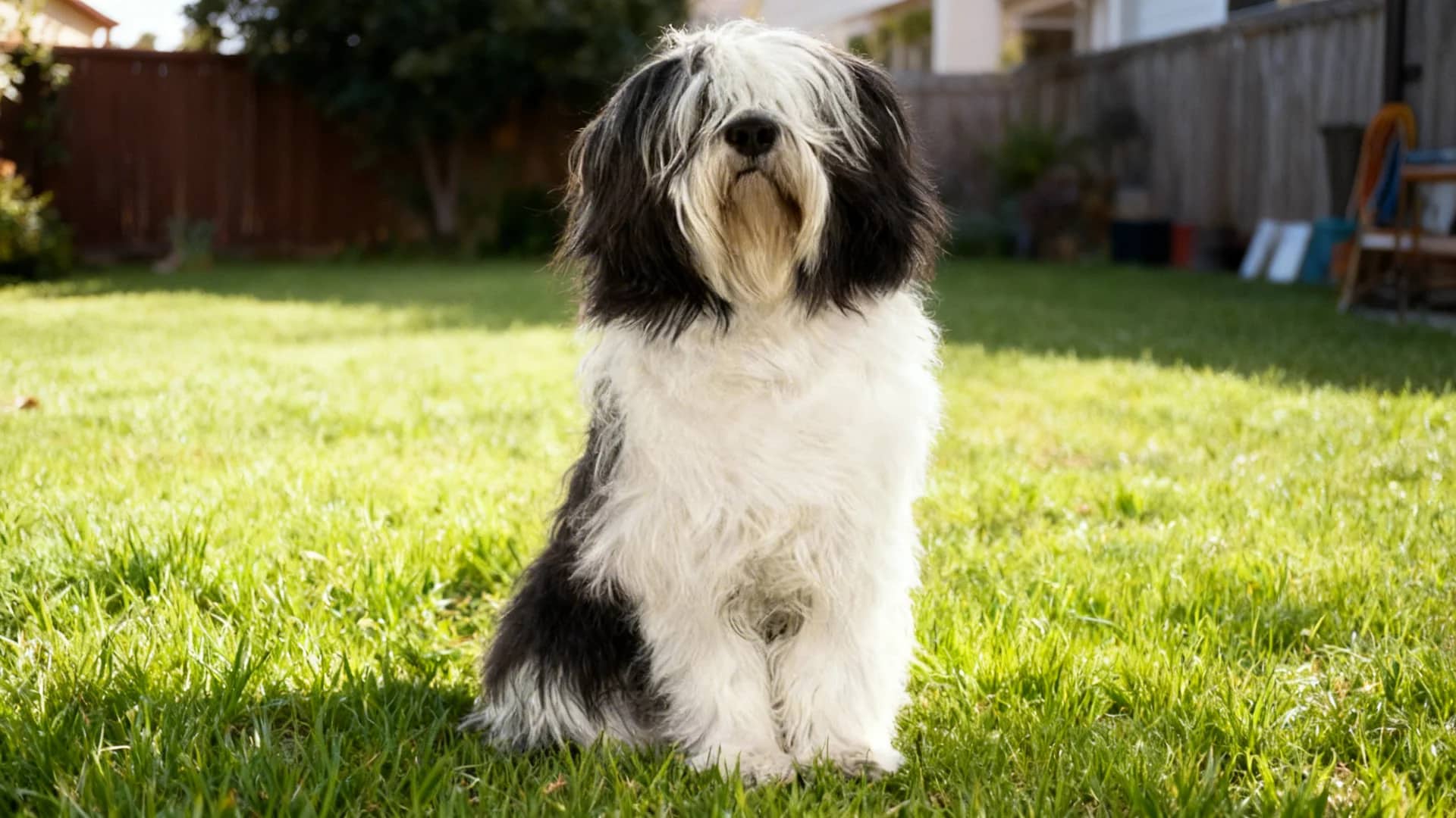 A Polish Lowland Sheepdog sits in a green lawn with its tail curled over its back