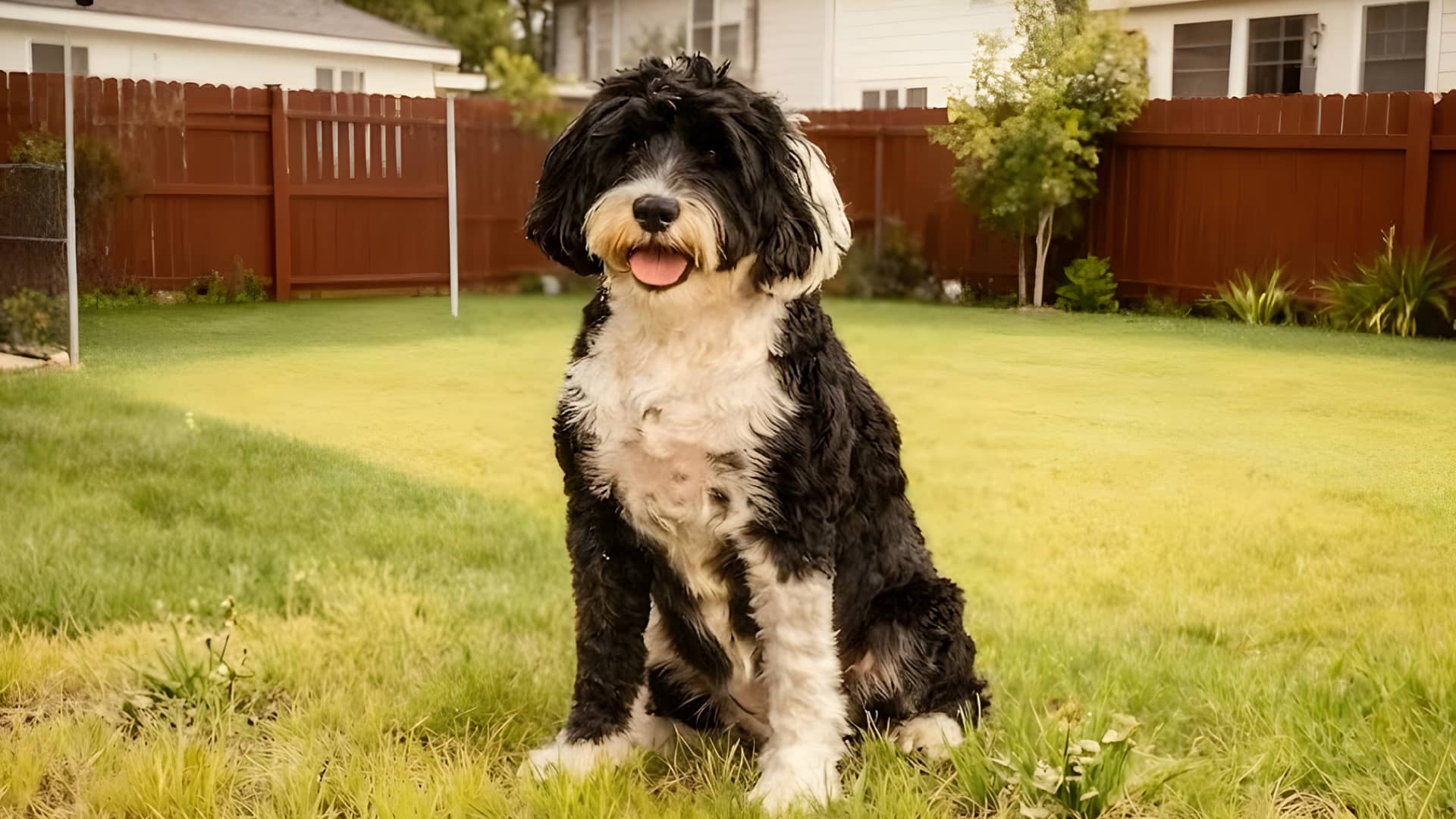 A Portuguese Water Dog sits in a green lawn with its tail curled over its back