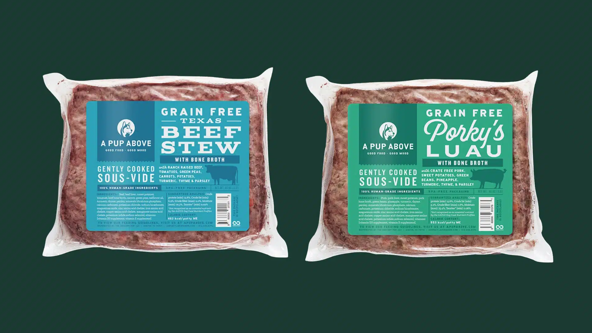 A Pup Above fresh dog food grain free bundle with beef stew, and porky pup recipes