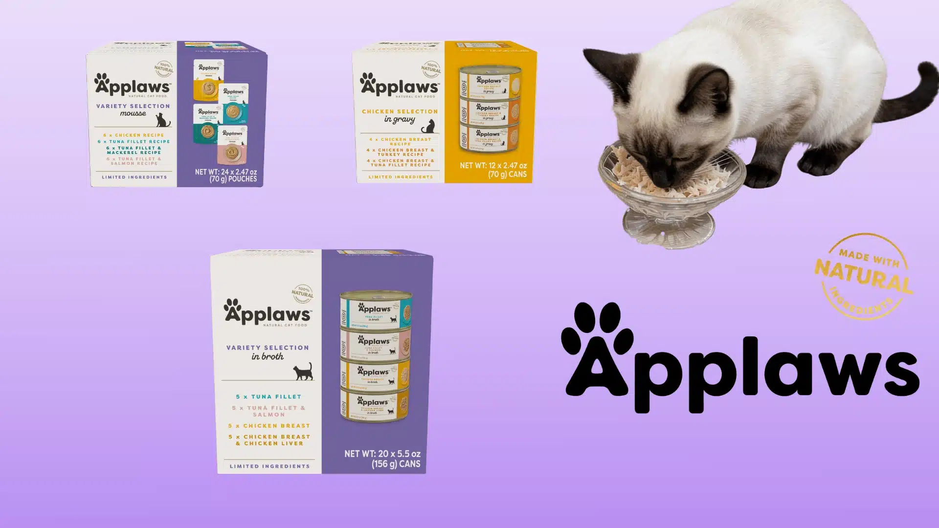 A Siamese cat eats food next to a display of three Applaws cat food variety packs and a logo on a purple background.