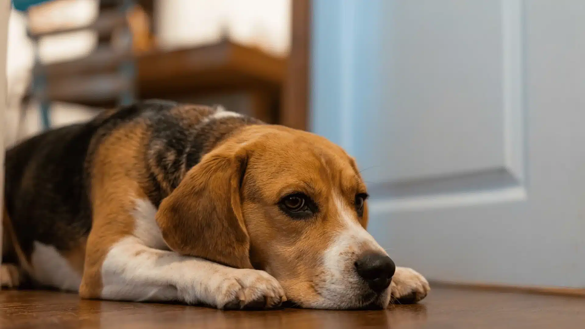 A side profile of a tri-color Beagle lying on a wooden floor, looking thoughtfully toward a white door