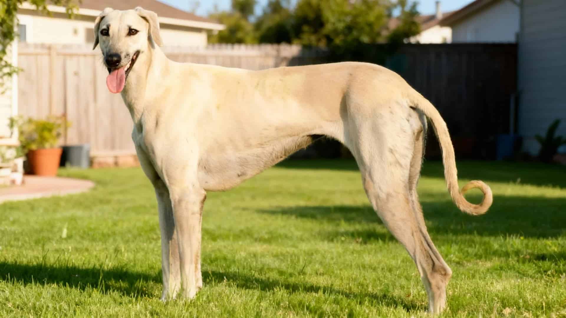 A Sloughi Dog stands in a green lawn with its tail curled over its back