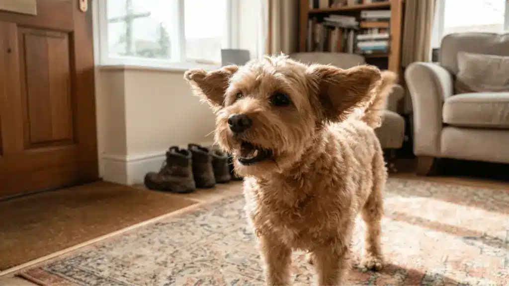 A small cavapoo barking in the living room left alone