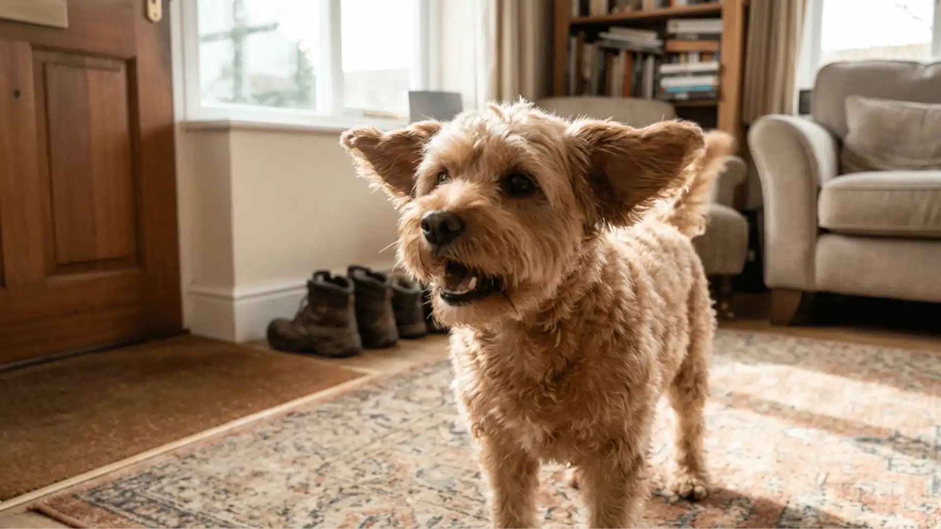 A small cavapoo barking in the living room left alone