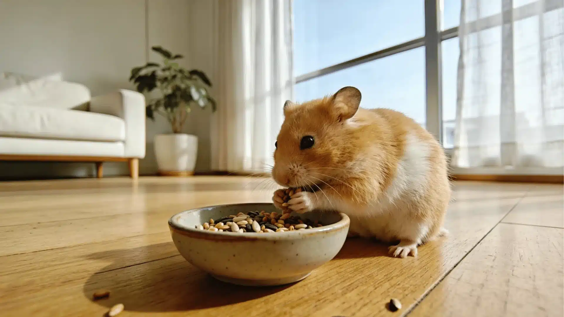 A Syrian hamster eating seeds from a small bowl on a sunlit wooden floor in a modern living room.
