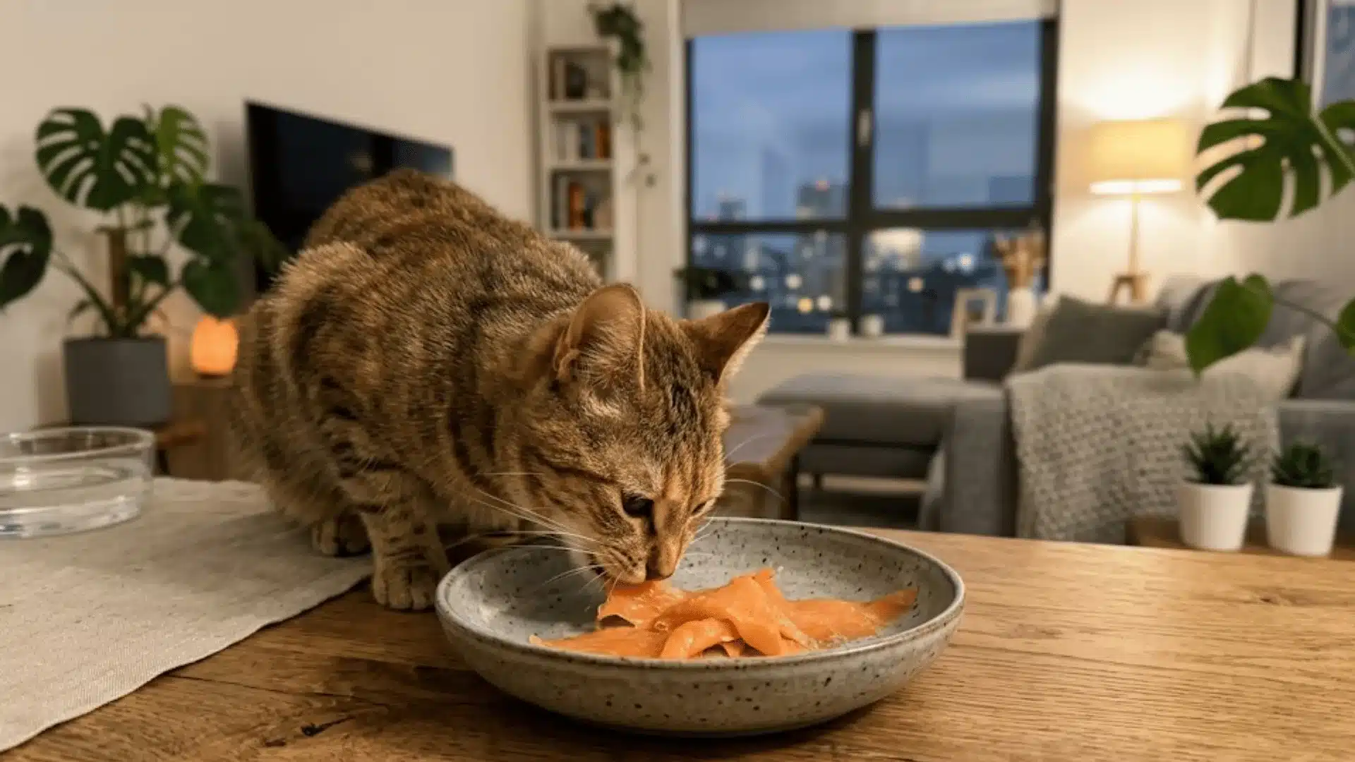 A tabby cat eating salmon slices from a ceramic bowl on a wooden table in a modern living room at night.