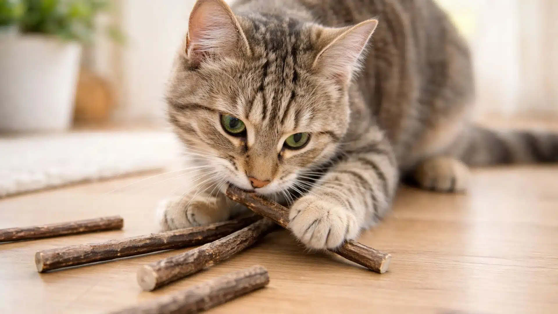 A tabby kitten playing with chew sticks on a wooden floor