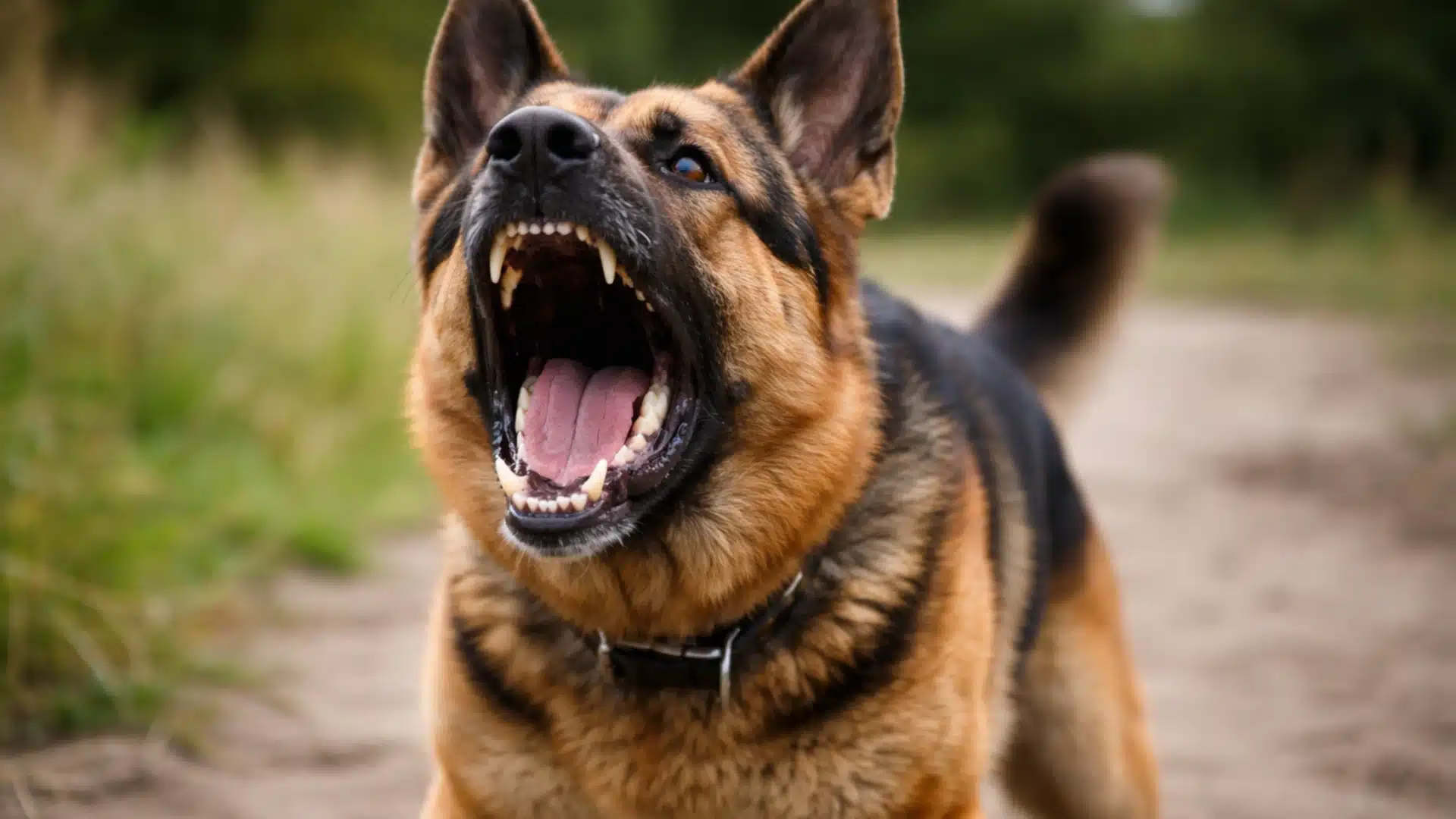 Aggressive German Shepherd barking with mouth wide open, showing sharp teeth outdoors on a dirt path