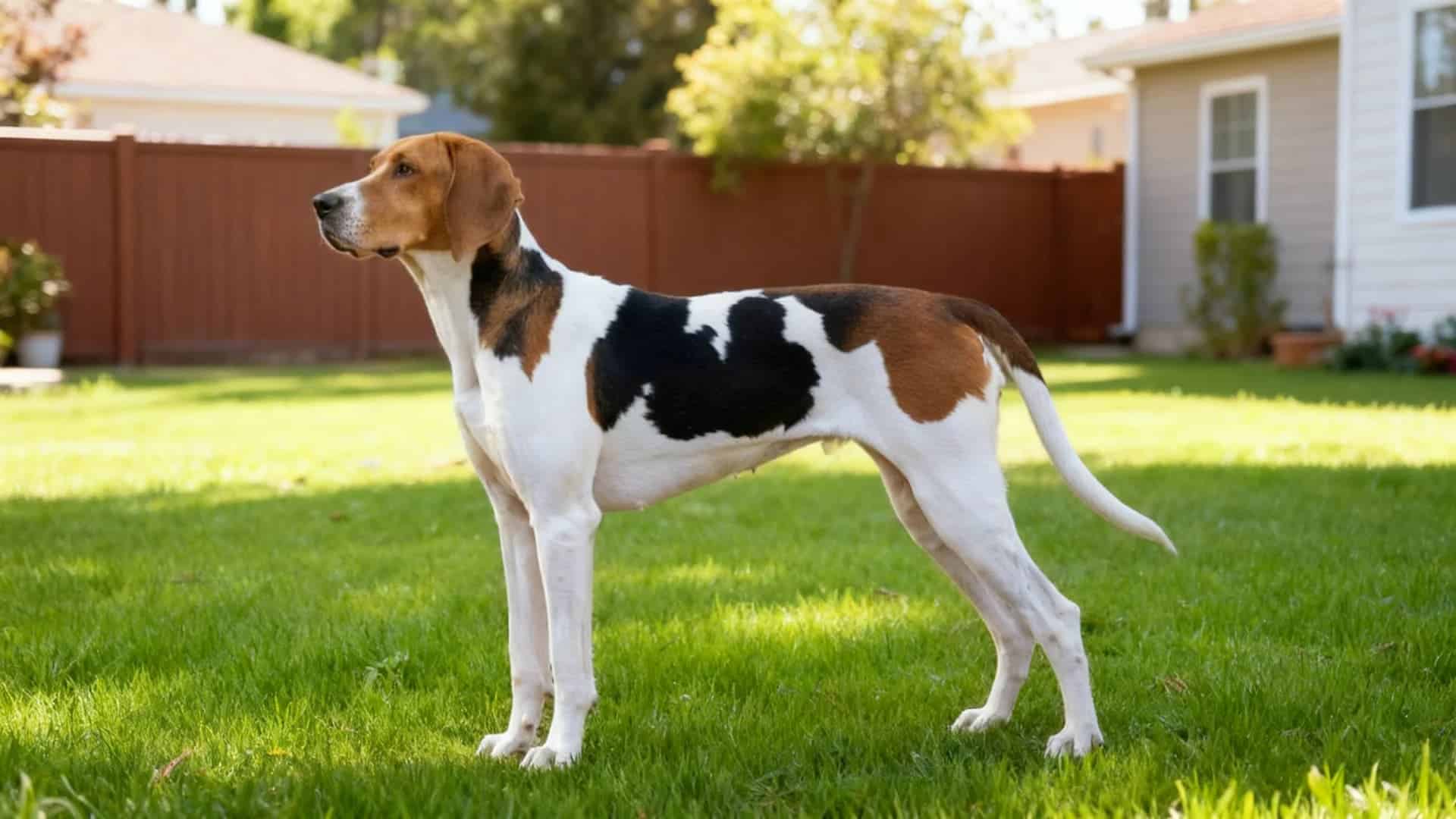 An American Foxhound stands on a green lawn with its tail curled over its back