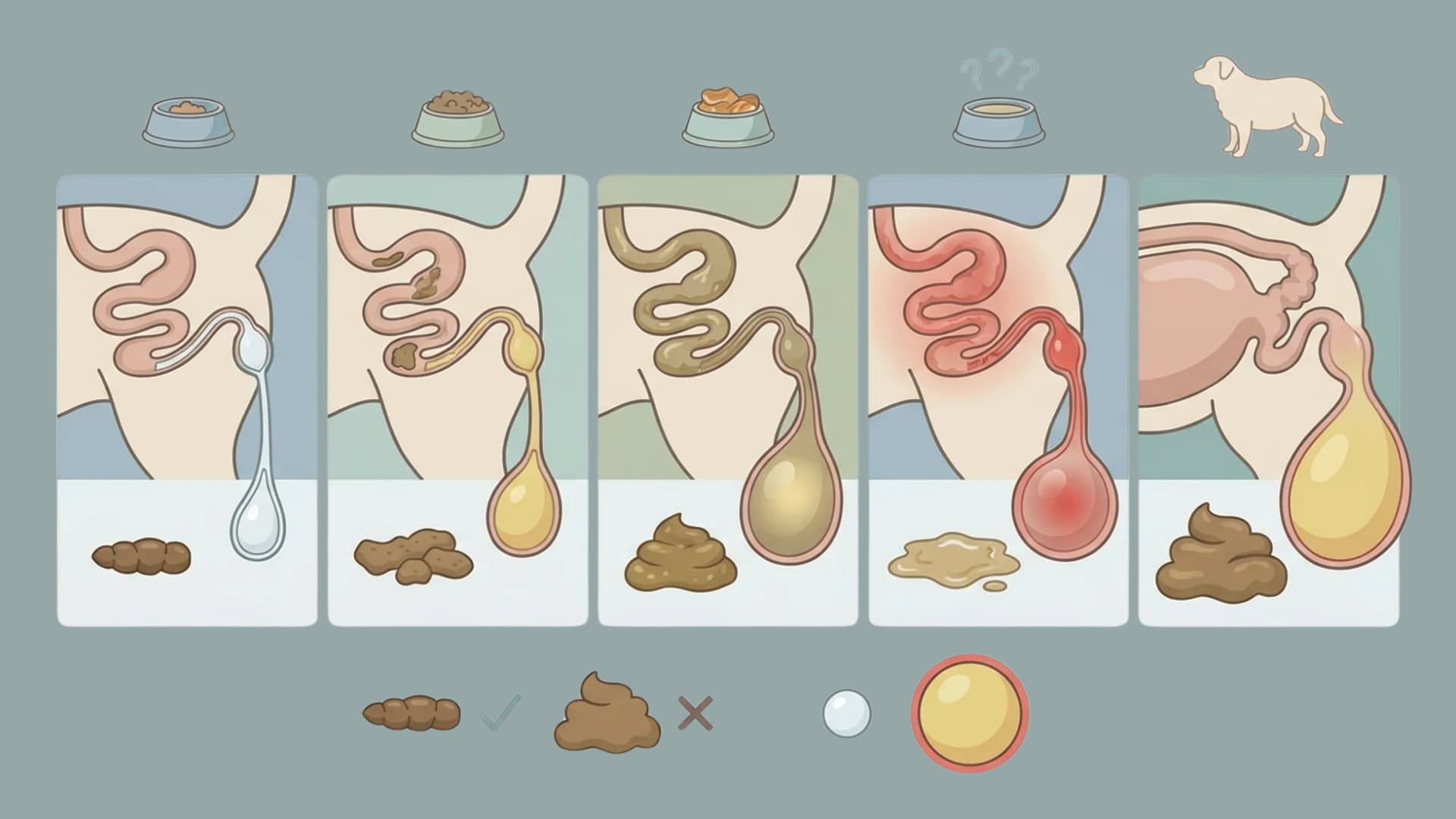 An educational illustrated infographic showing five panels of a dog’s digestive system and anal glands