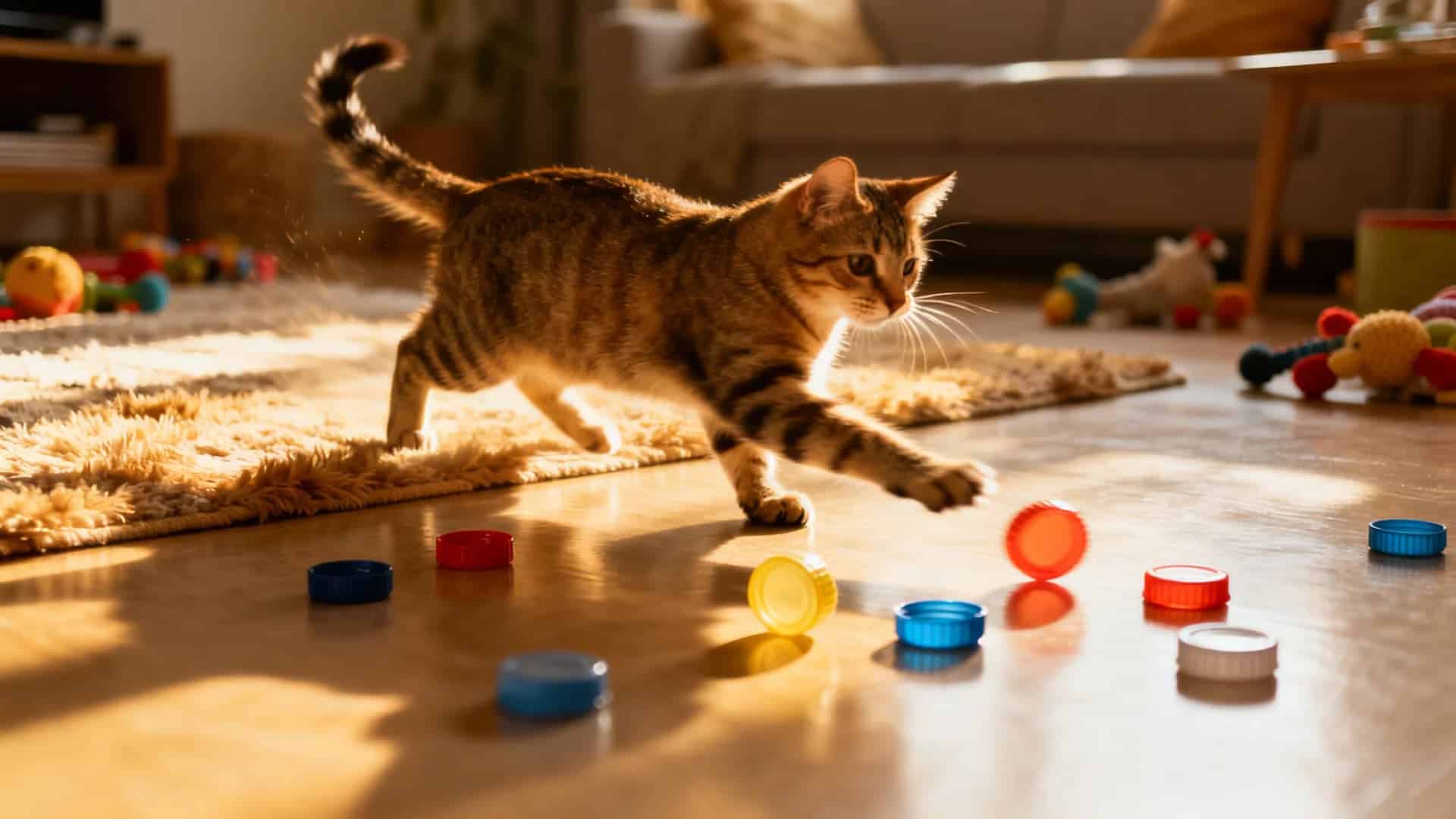An energetic indoor cat chasing and batting plastic bottle caps across a smooth floor, caps scattered randomly