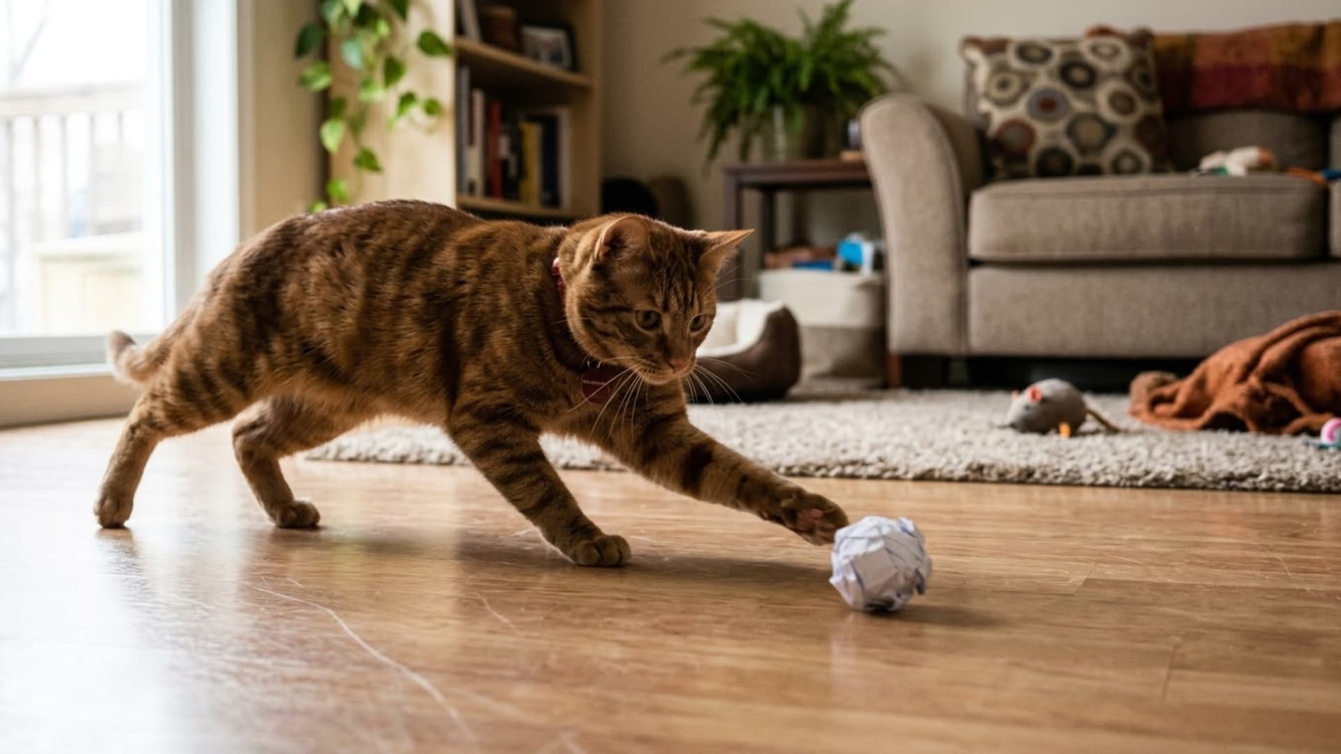 An indoor cat chasing a crumpled paper ball across a smooth floor, lightweight toy rolling mid-motion, cozy home setting, soft natural lighting, realistic style, high detail