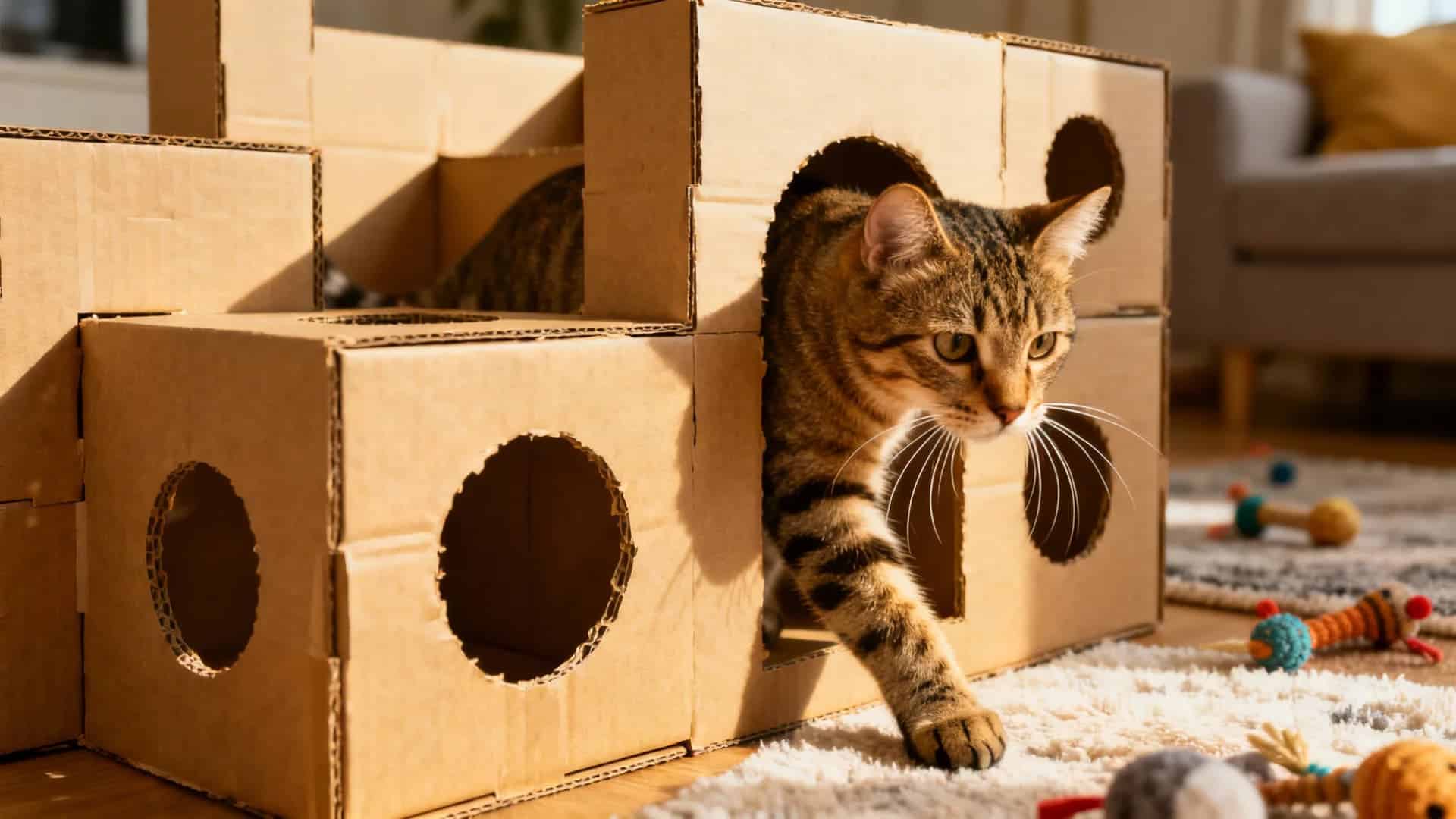 An indoor cat exploring a DIY cardboard box maze made from multiple connected boxes with cut-out holes