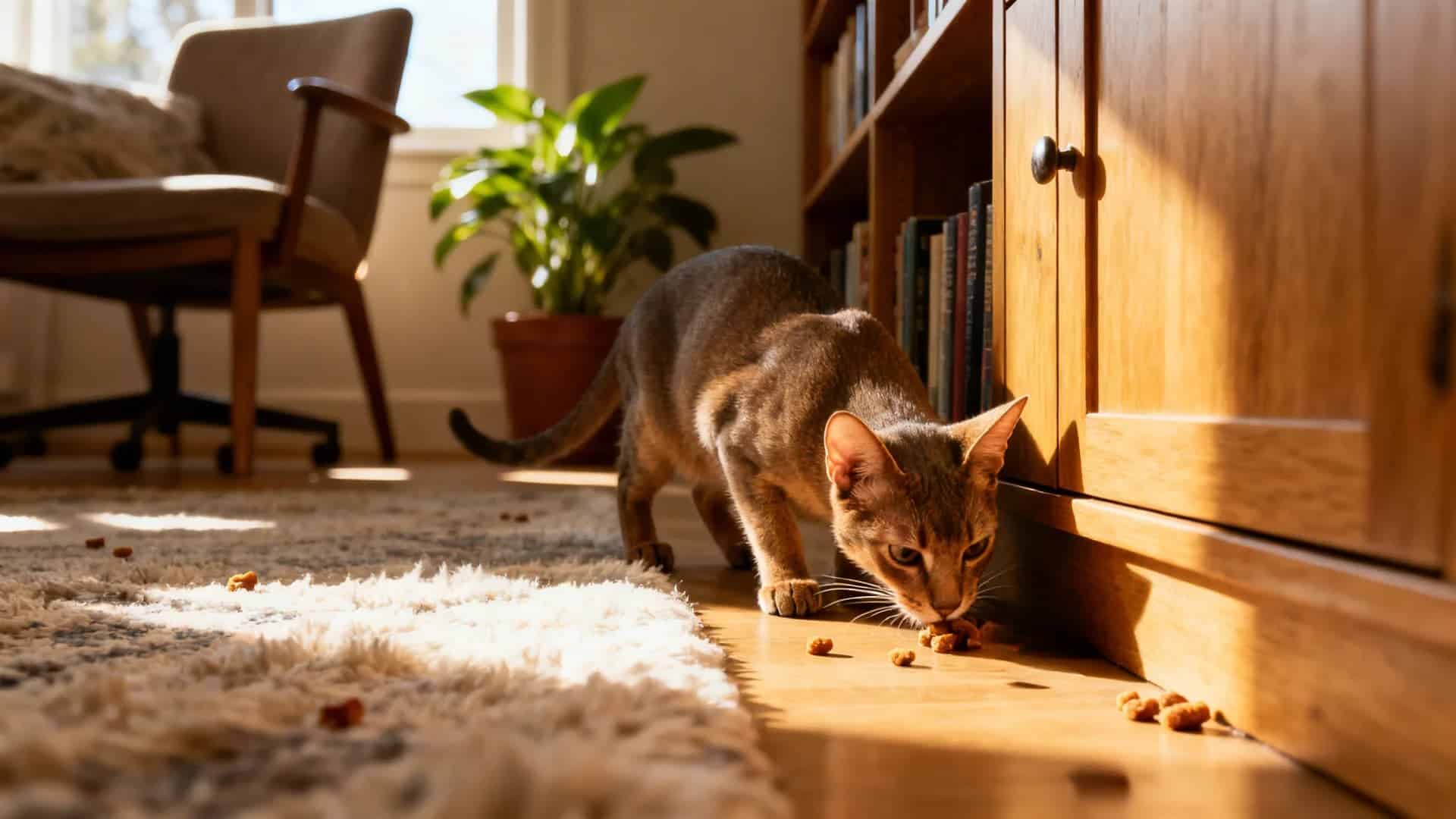 An indoor cat sniffing and searching for hidden treats around a room, small treats placed near furniture and corners