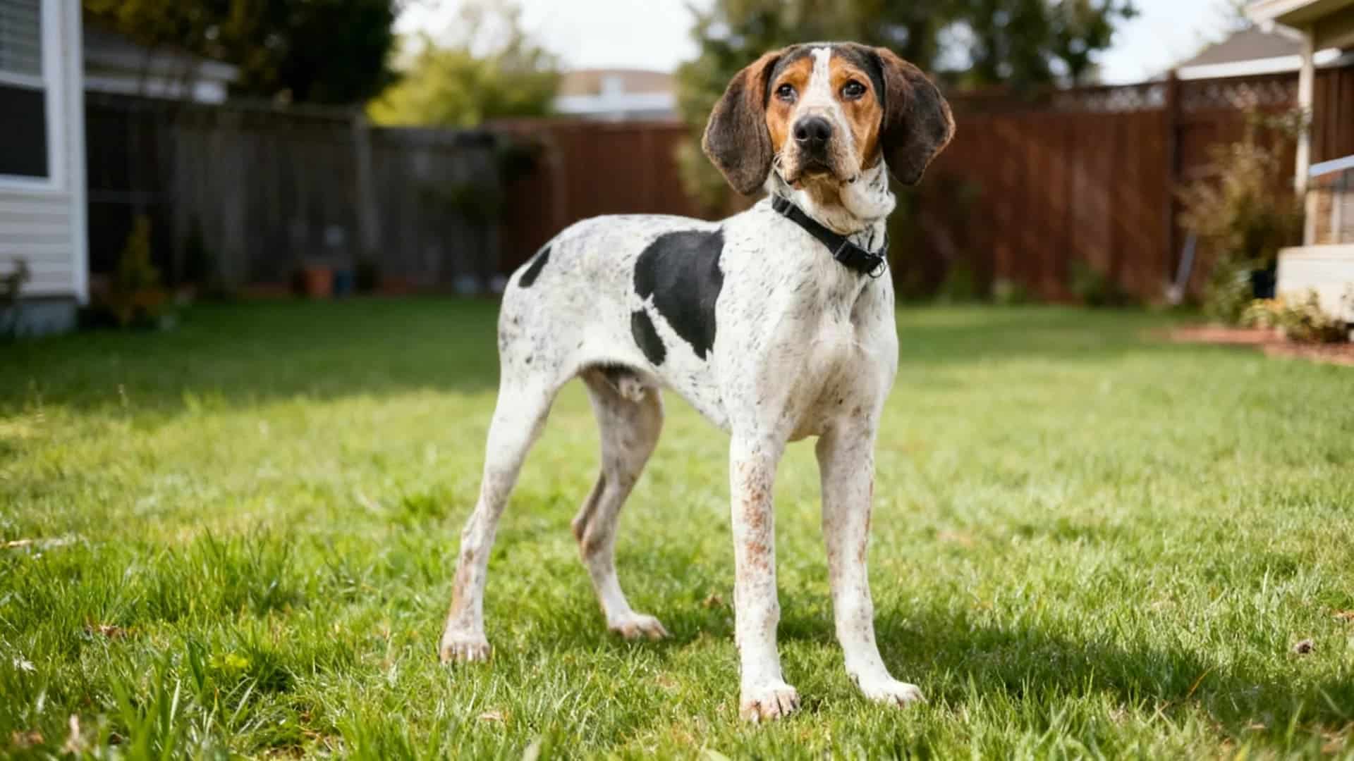 An Treeing Walker Coonhound stands on a green lawn with its tail curled over its back