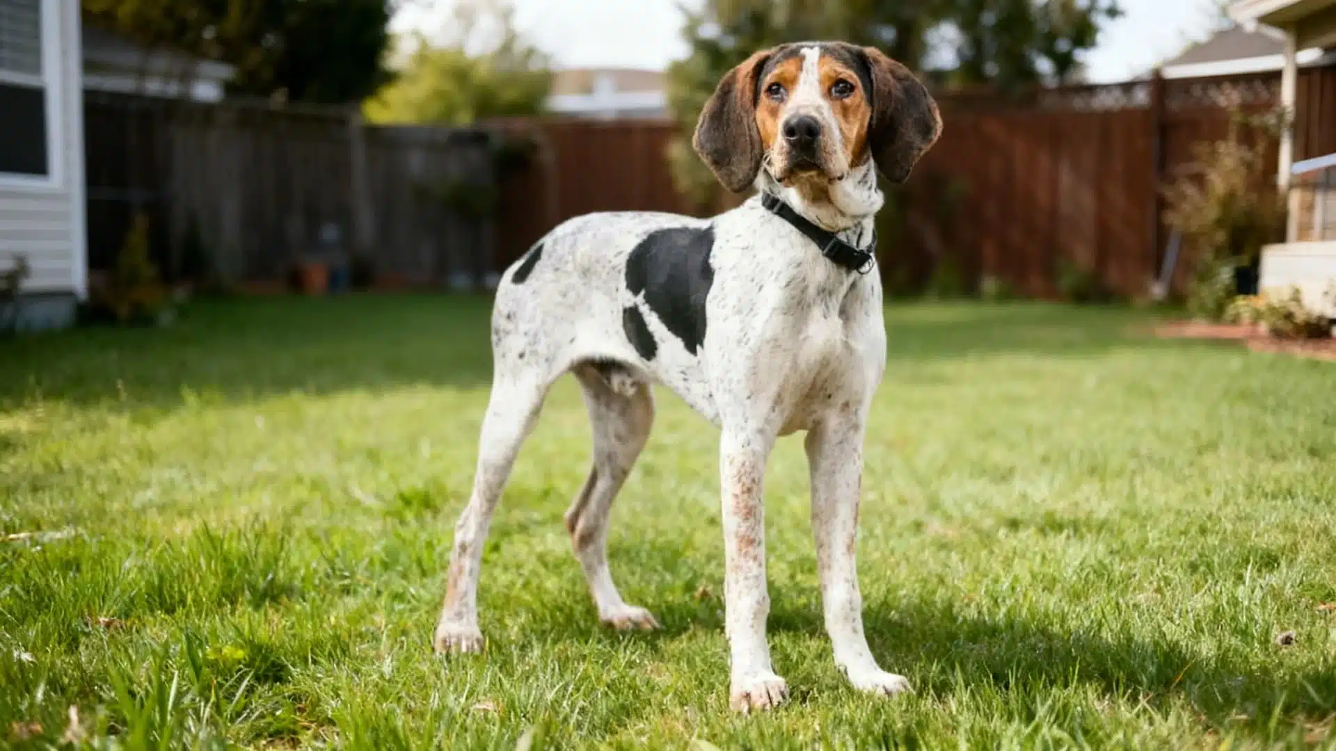 An Treeing Walker Coonhound stands on a green lawn with its tail curled over its back