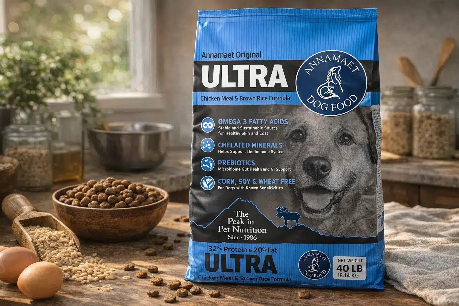 Annamaet Ultra chicken meal and brown rice dry dog food bag on kitchen counter