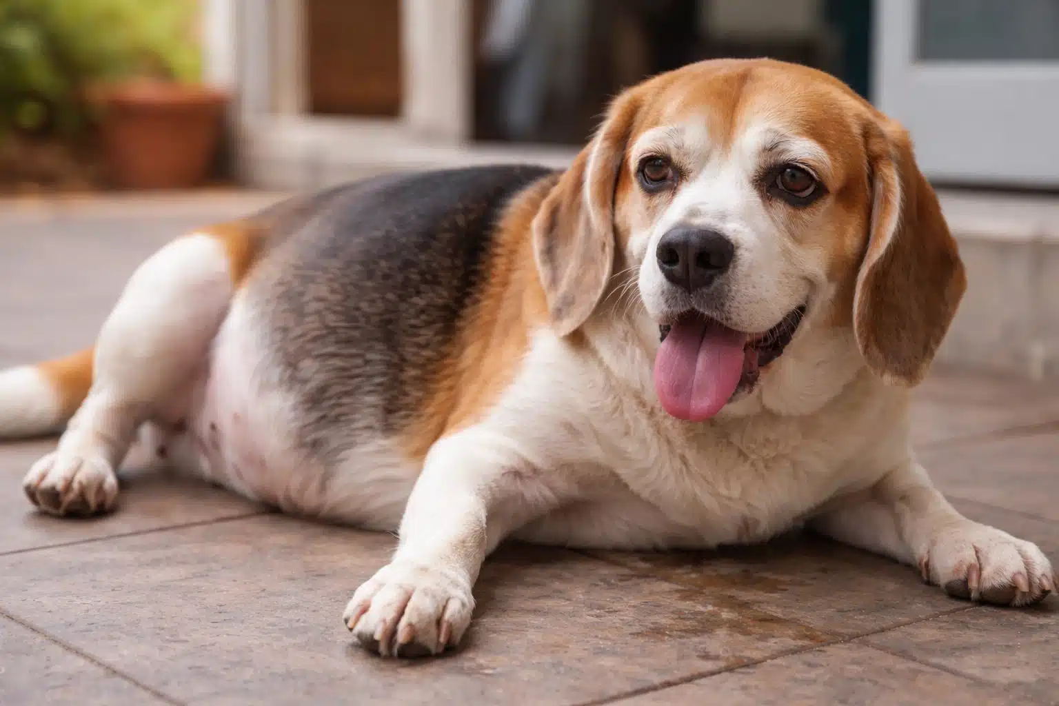 Beagle dog lying on floor with relaxed posture, often used to illustrate early signs of bloat in dogs