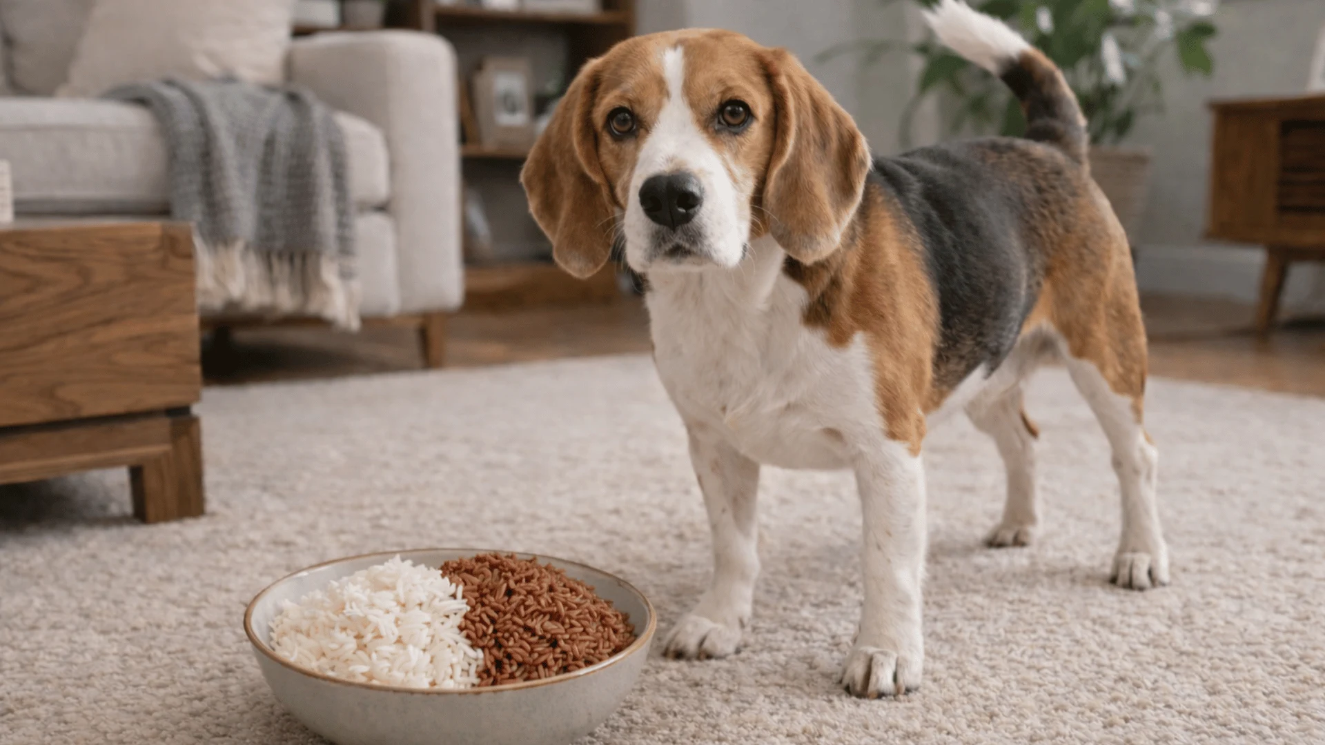 Beagle dog standing indoors beside a bowl of white and brown rice, showing a comparison of rice types for dogs