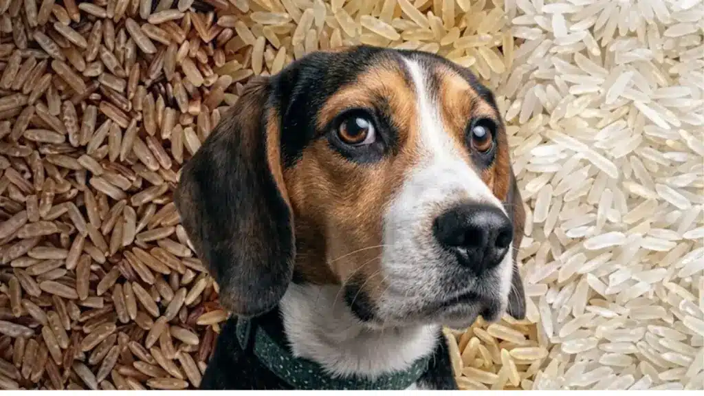 Beagle dog with split background of brown and white rice grains showing different rice types for dogs