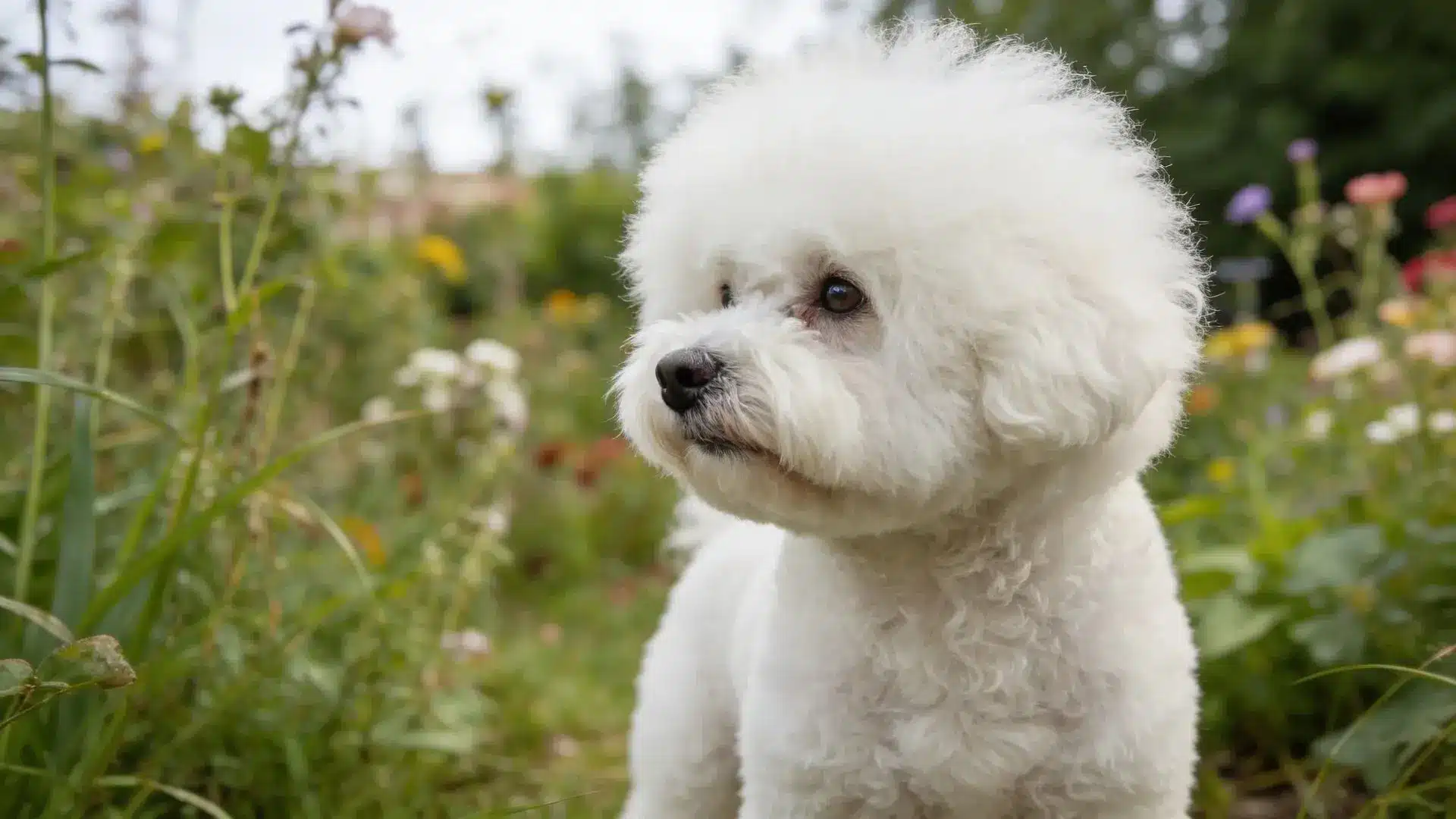 Bichon Frise with a teddy bear cut standing in garden fluffy white dog with rounded haircut among flowers