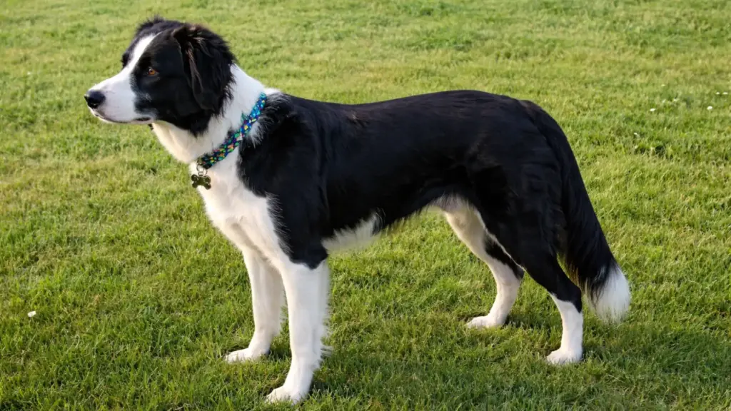 Black and white Border Collie standing in a grassy field with a relaxed posture and its tail hanging limp behind it (1)