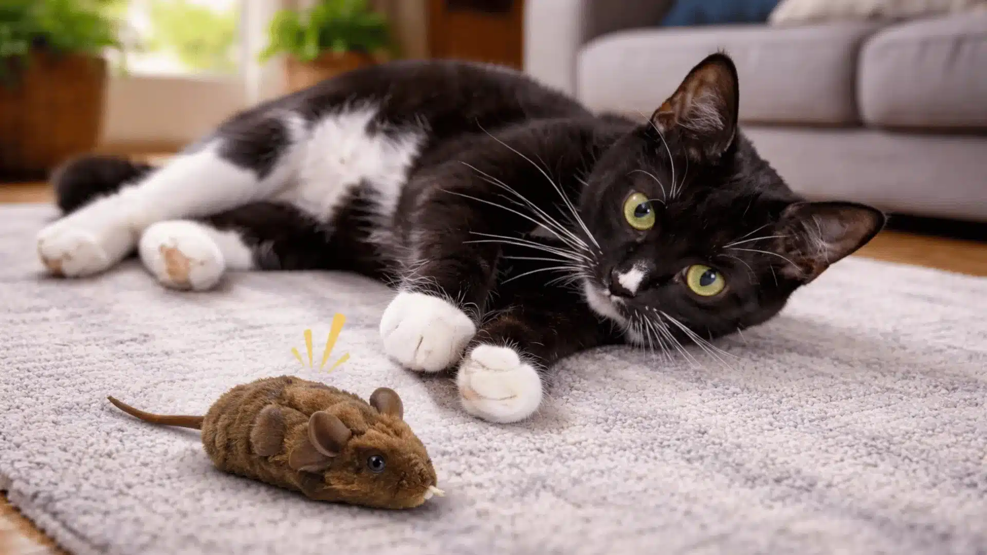 Black and white cat playing on carpet with OurPets mouse toy