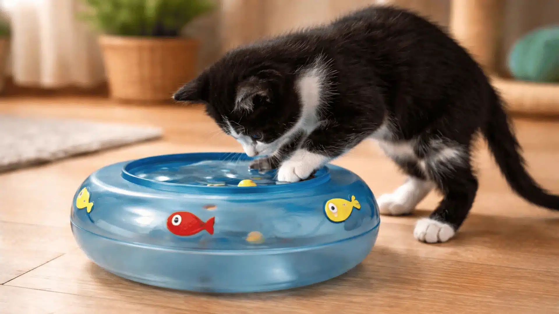 Black and white kitten playing with Petstages Finimals Fish toy filled with water on wooden floor