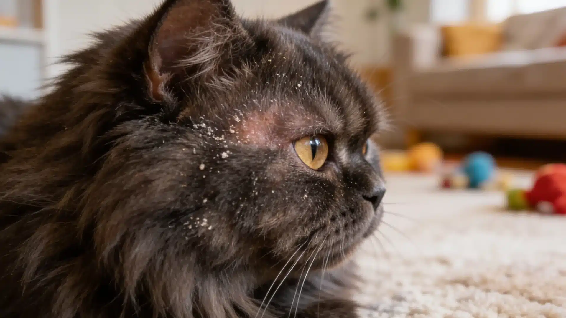 Black cat with dandruff flakes and mild hair loss near ear, showing dry skin or possible skin condition
