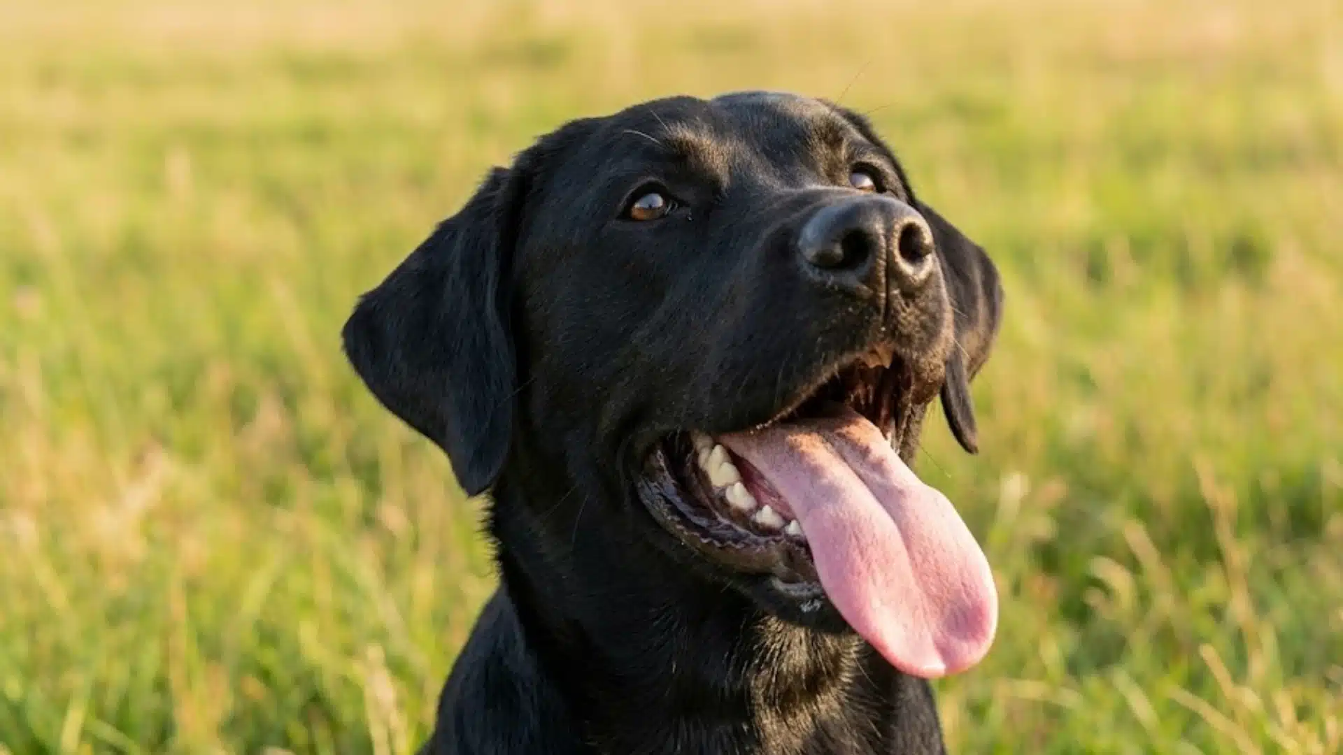 Black Labrador panting with tongue out while sitting in grassy field under warm sunlight outdoors