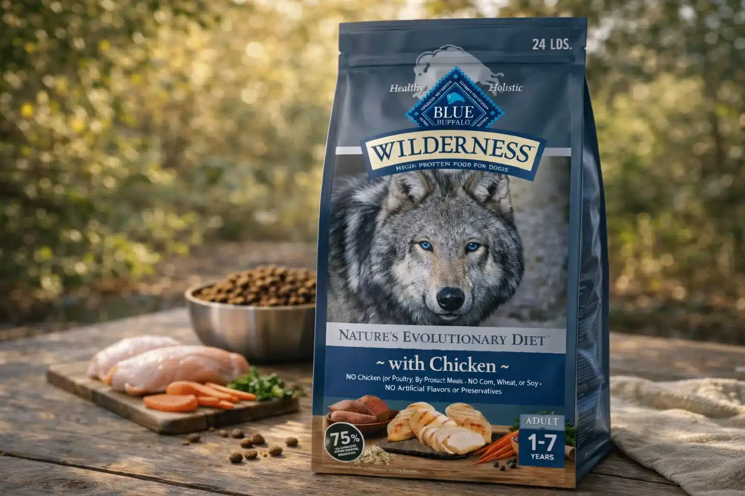 Blue Buffalo Wilderness chicken adult dry dog food bag on outdoor table with kibble bowl