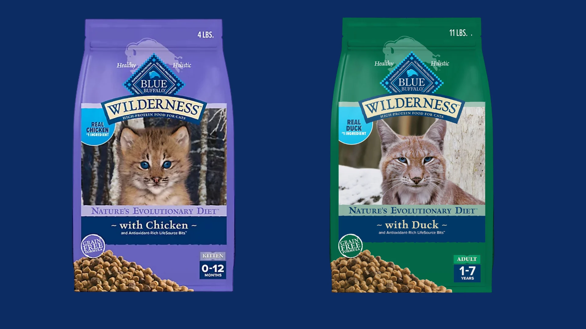 Blue Wilderness cat food bags with chicken and duck formulas for kitten and adult cats on display