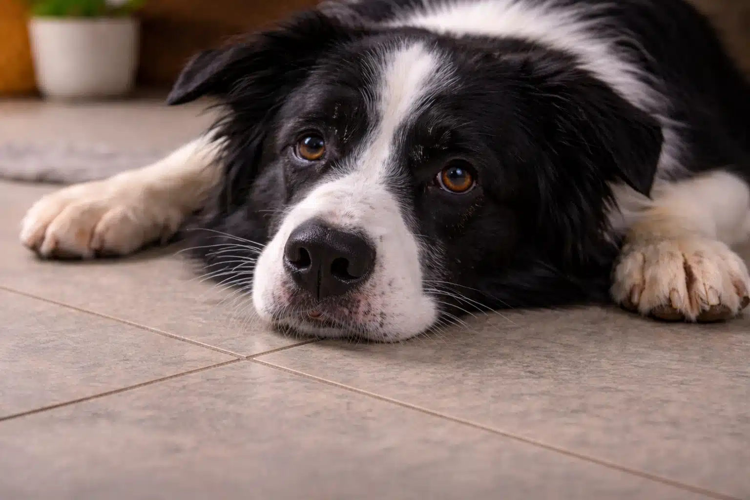Border collie lying on floor looking unwell possibly due to empty stomach and acid buildup
