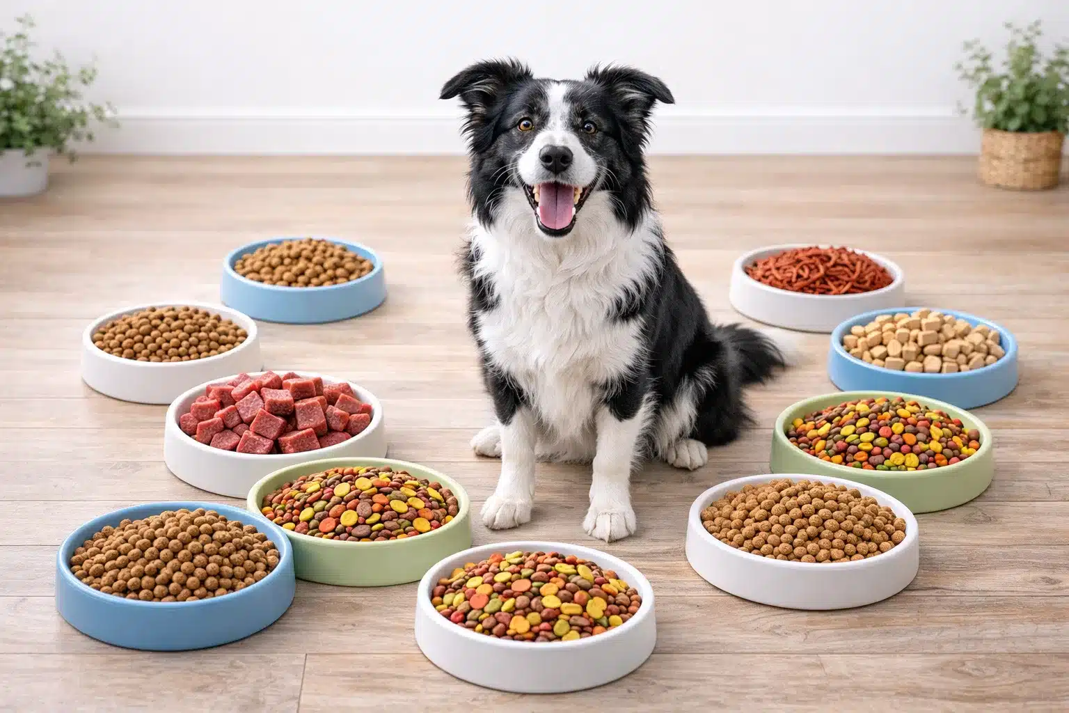 Border collie sitting among bowls of different dog foods including kibble, treats, and raw meat cubes