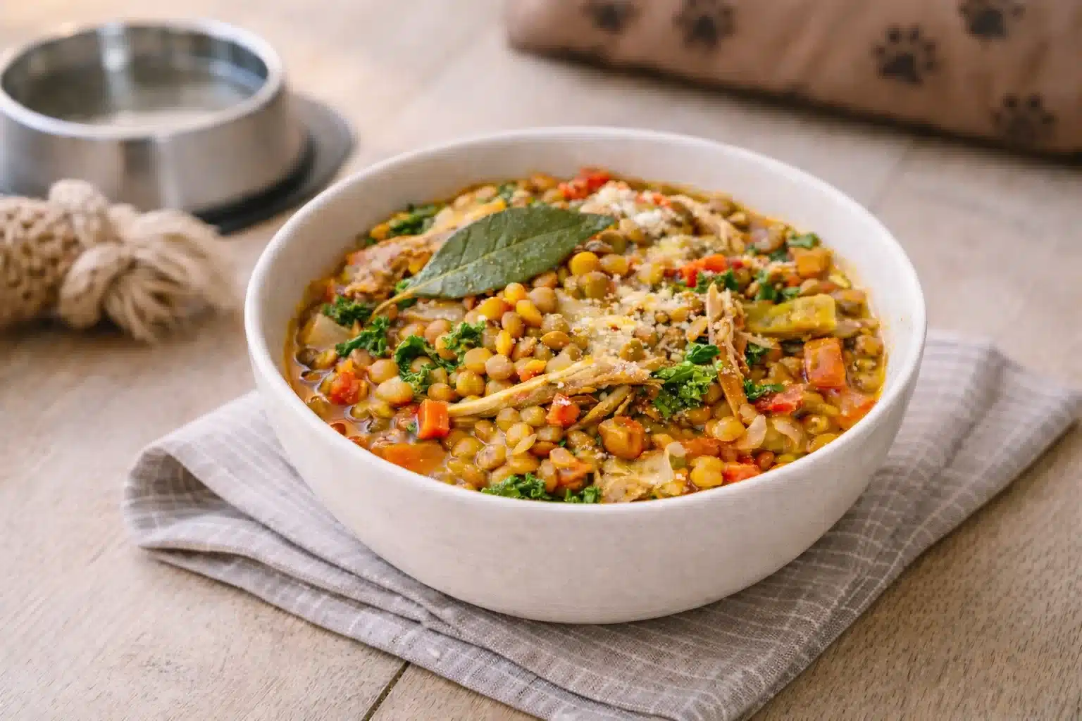 Bowl of turkey and lentil stew with vegetables on table, nutritious homemade dog food meal rich in protein and fiber