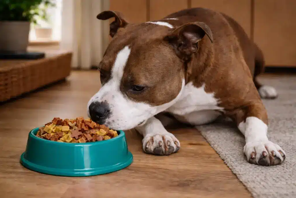 Brown and white dog lying on floor eating dry kibble from green bowl indoors