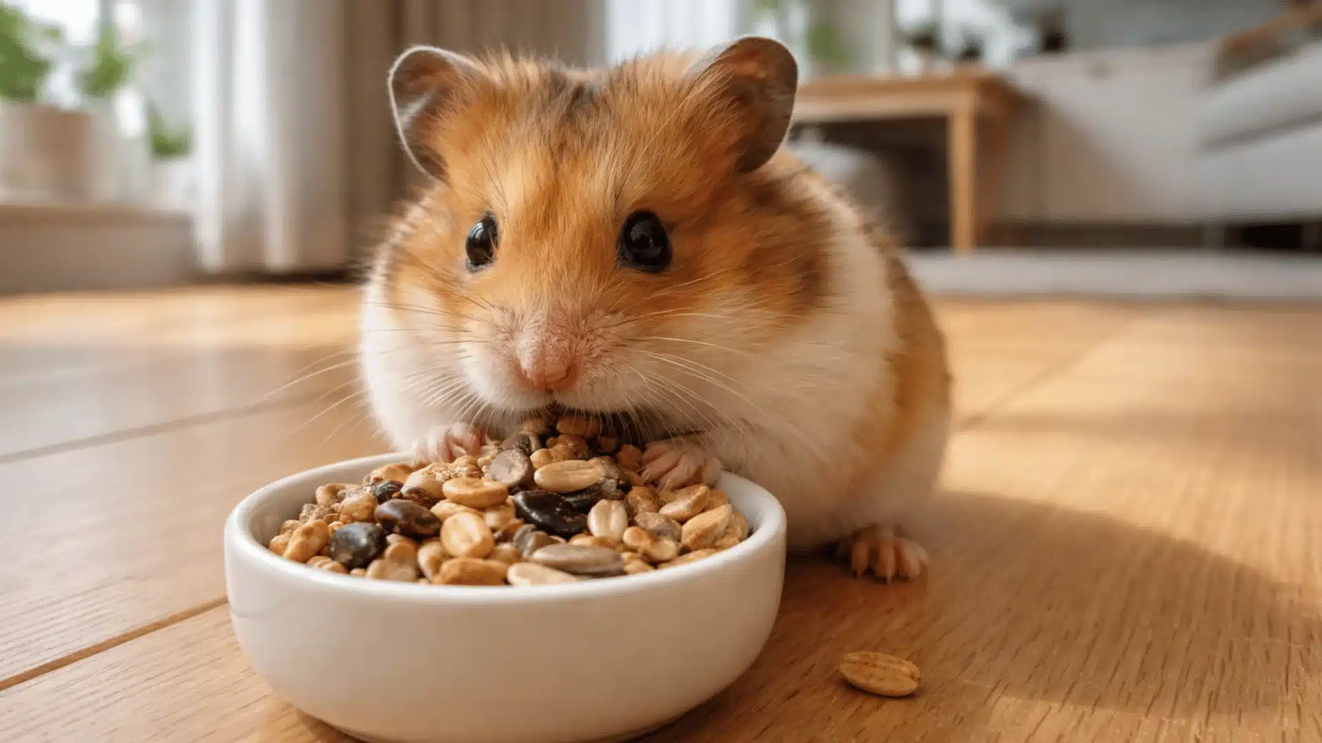 Brown and white hamster eating mixed seeds from a small bowl on a wooden floor indoors.
