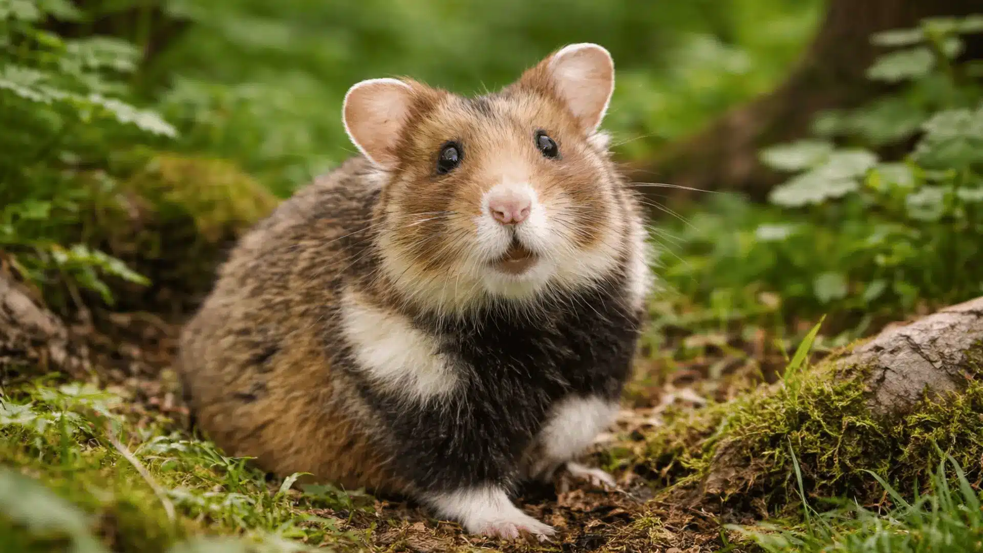 Brown and white hamster sitting on mossy forest ground, looking toward the camera.