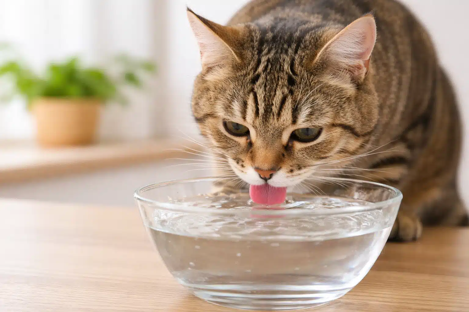 Brown tabby cat drinking water from clear glass bowl on wooden table indoors