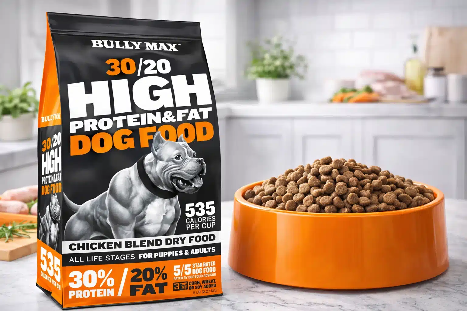 Bully Max 30 20 high protein dog food chicken blend bag with orange bowl filled with dry kibble
