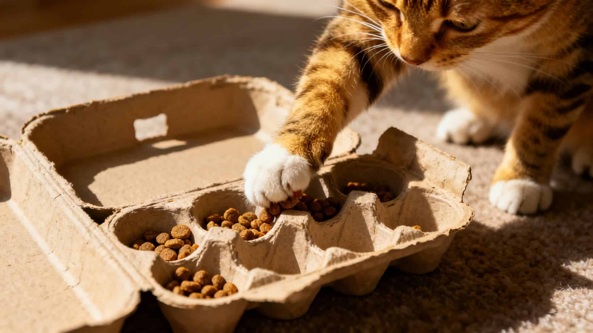 Cat interacting with a cardboard egg carton used as a puzzle feeder