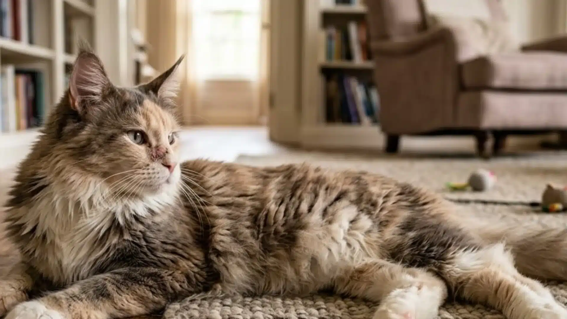 Cat resting indoors on wooden floor, showing calm behavior with a bacterial skin infection on nose
