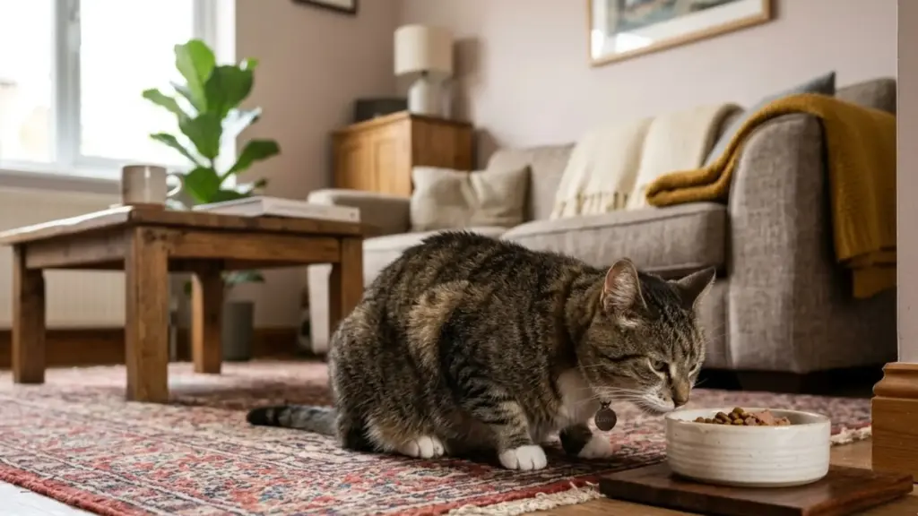 Cat sitting in a cozy living room sniffing food from bowl on rug near sofa with warm natural lighting