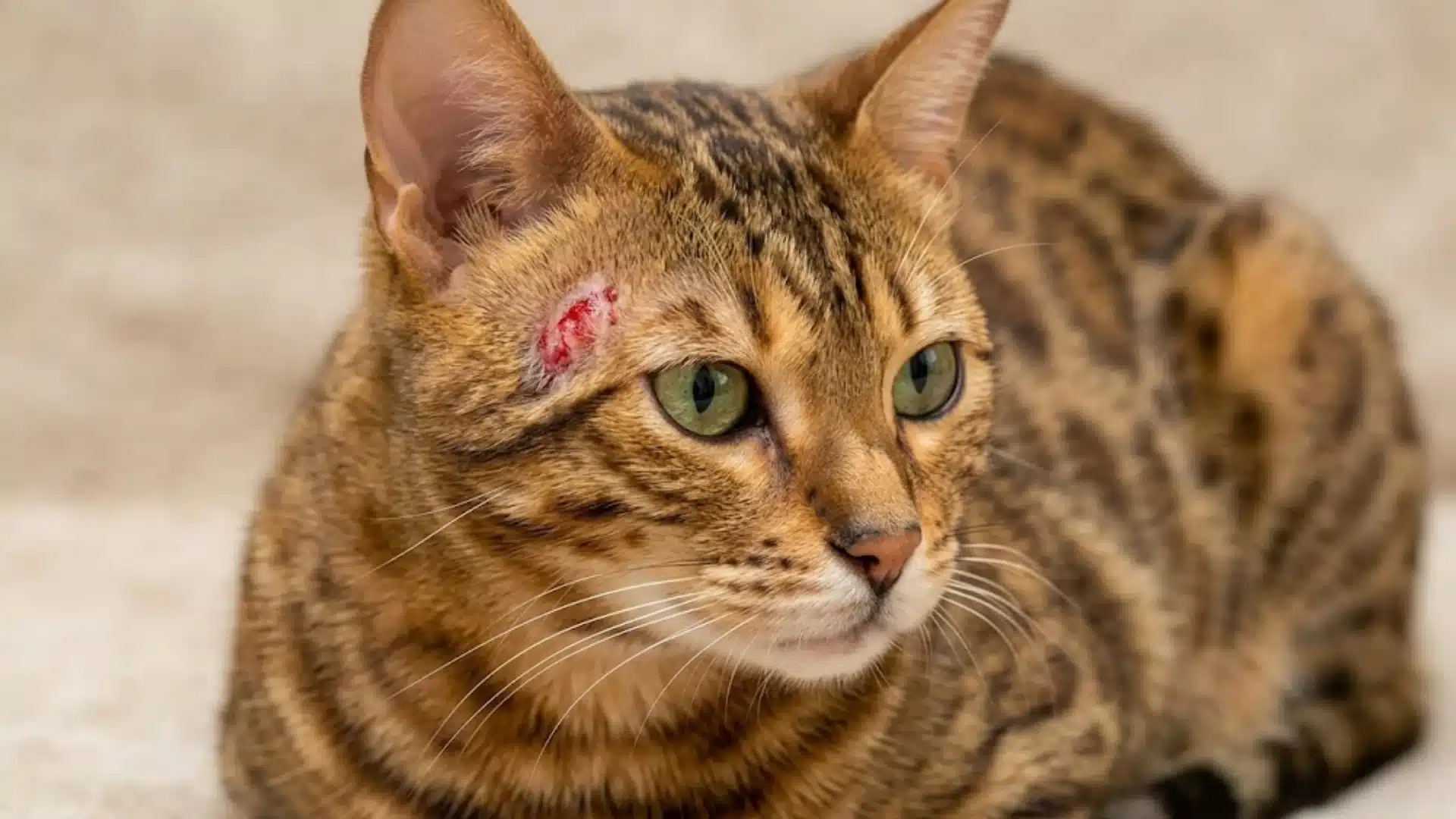 Cat with small red wound near ear, showing possible skin irritation or infection
