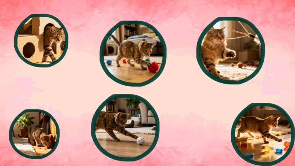 Cats playing with DIY toys including cardboard maze, pom-poms, feather wand, and bottle caps indoors