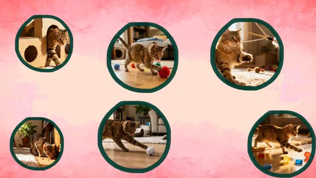 Cats playing with DIY toys including cardboard maze, pom-poms, feather wand, and bottle caps indoors